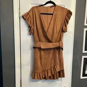 Tan Asymmetrical Ruffle Wrap Sundress